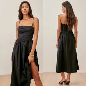 Reformation | Lissa Organic Cotton‎ Bodice Strapless Midi Dress w/ Pockets Black